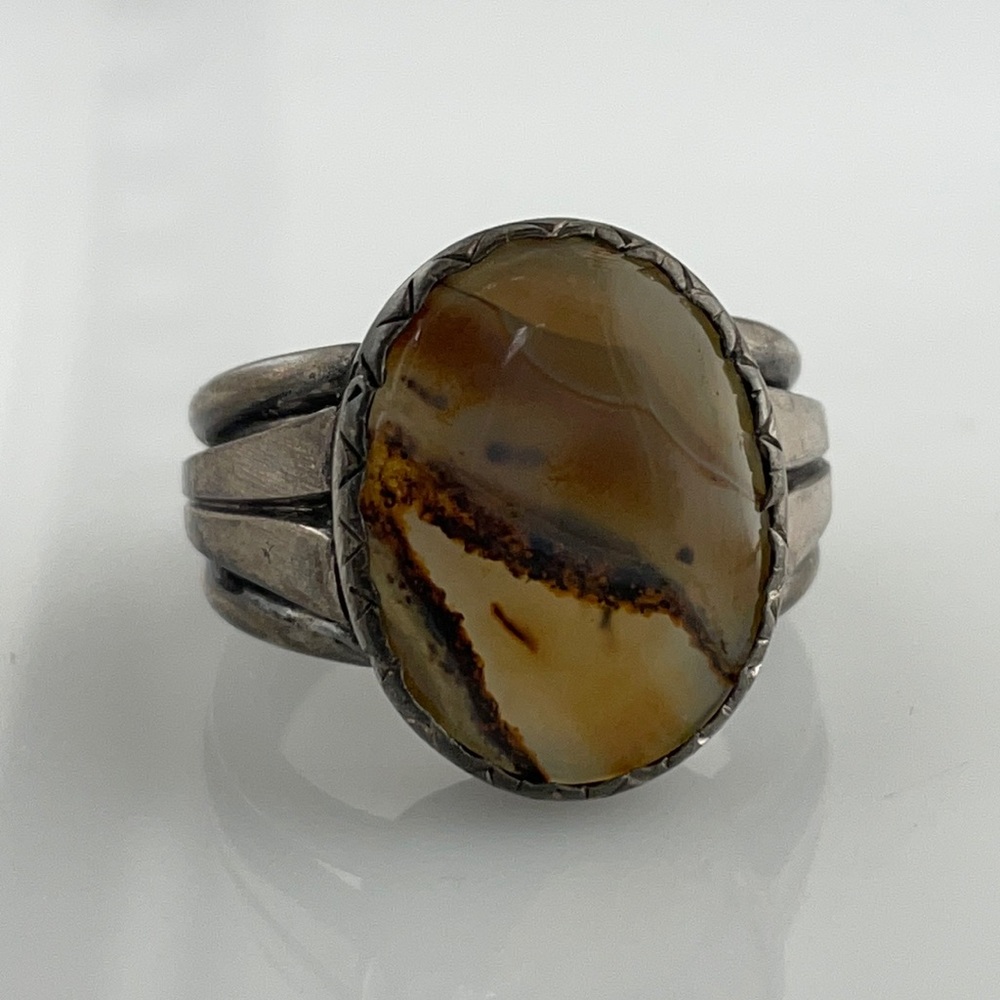 Old Pawn Silver Antique Picture Agate Ring 800 Silver Oxidized size 9 - 9.5
